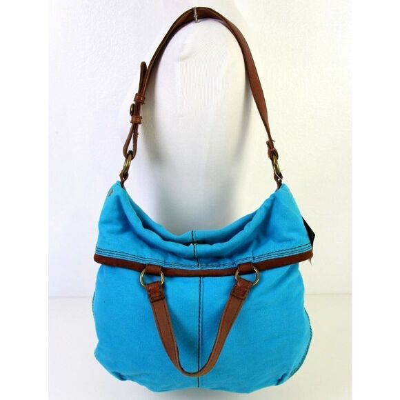 LUCKY BRAND BANDIT FOLDOVER BLUE COTTON BROWN LEATHER TOTE SHOULDER BAG HANDBAG - Picture 3 of 12